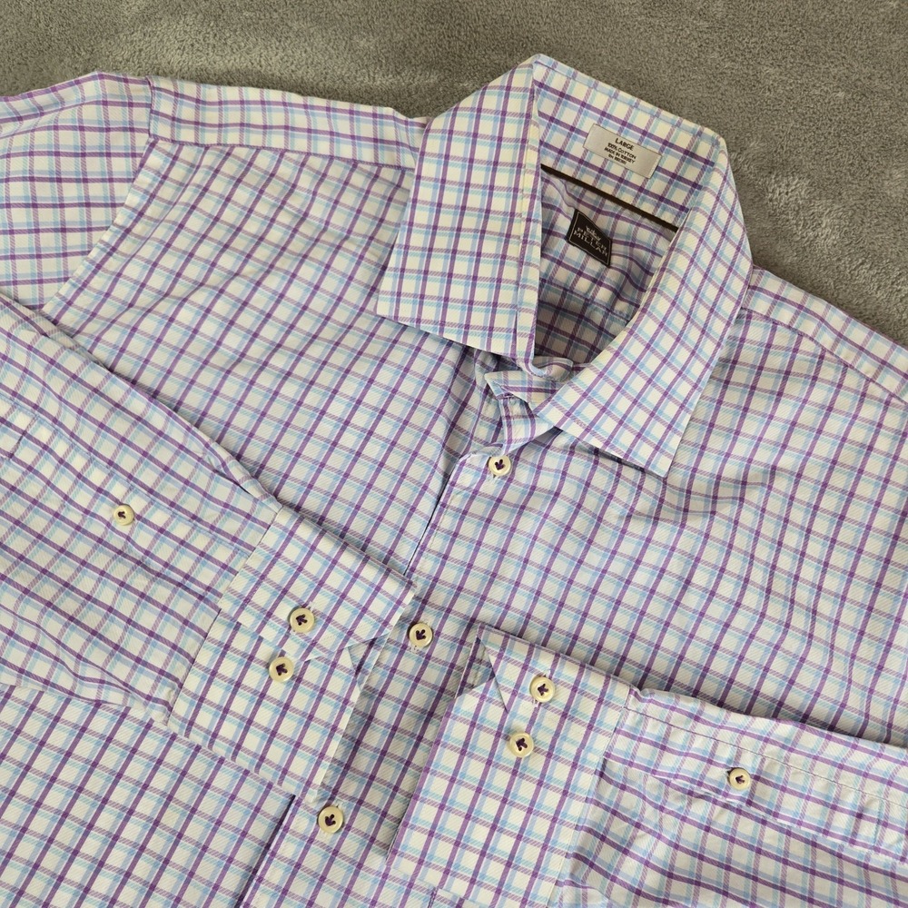 Peter Millar‎ Shirt Mens Large White Blue Purple Checkered Cotton Long Sleeve